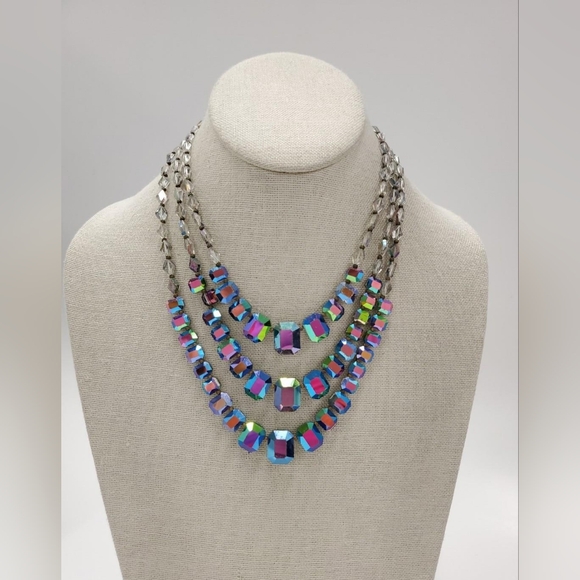 Peacock AB Aurora Borealis Glass Crystal Bead Necklace Vintage Watermelon Color - Picture 3 of 9